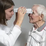 Senior man getting eye exam for age-related macular degeneration