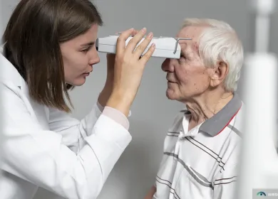 Senior man getting eye exam for age-related macular degeneration
