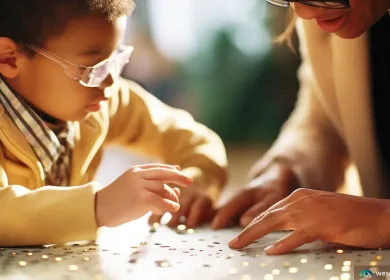 Young African American boy using assistive technology for vision loss braille system