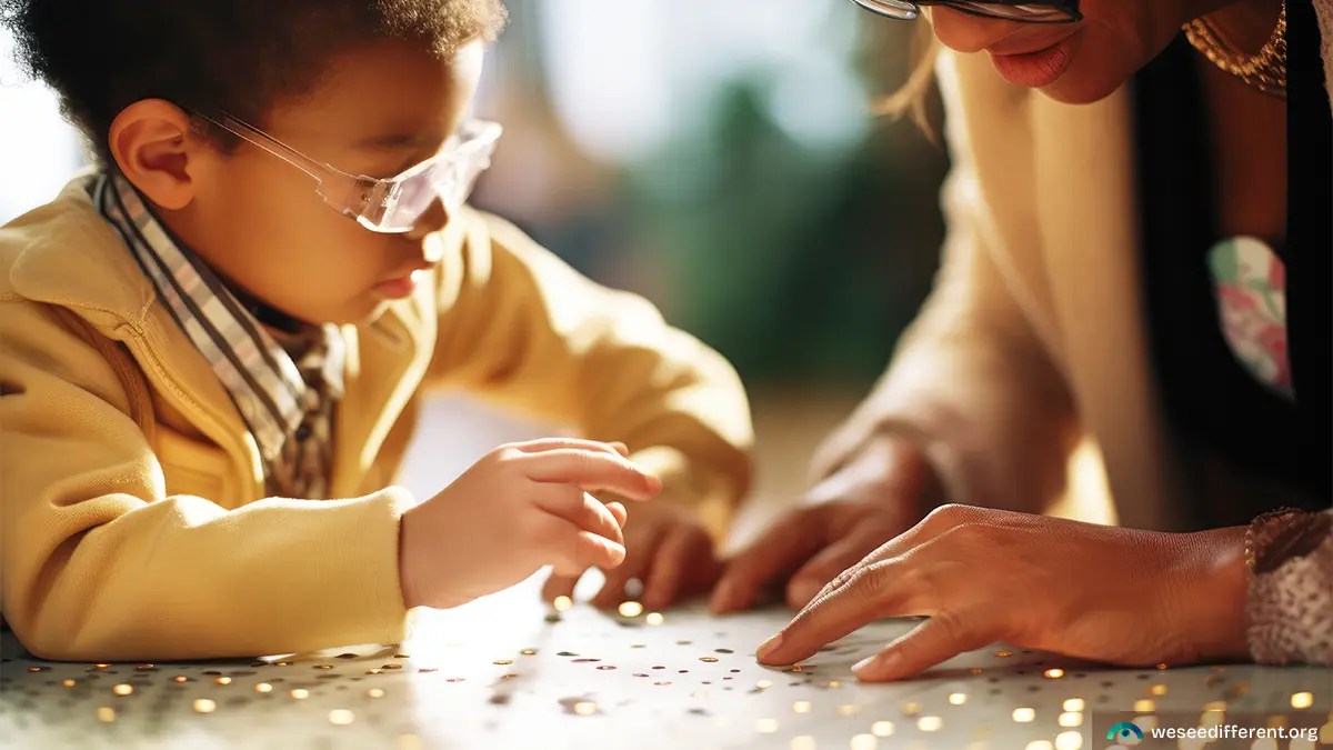 Young African American boy using assistive technology for vision loss braille system