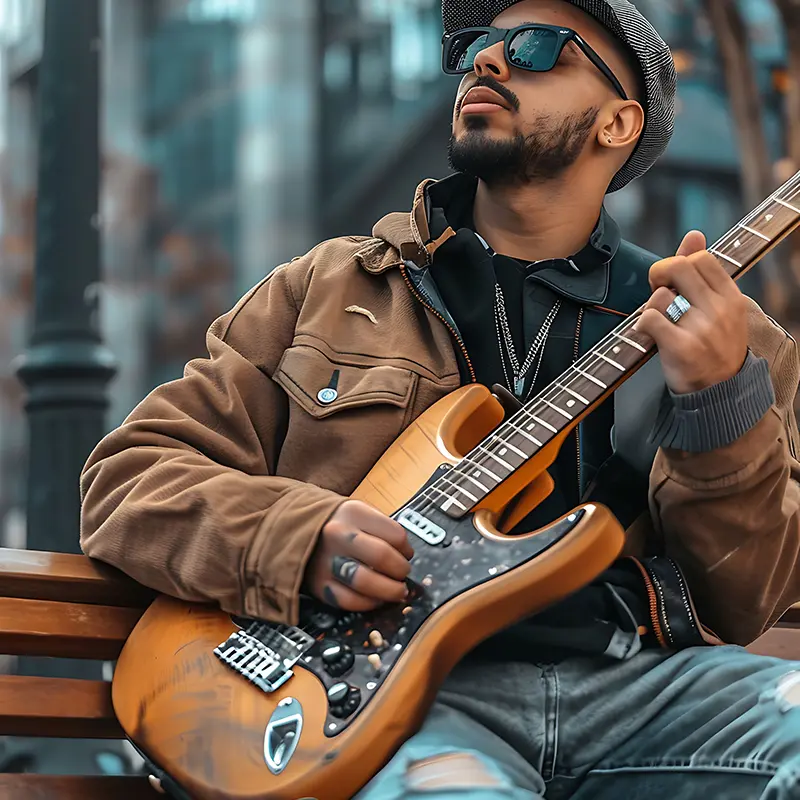 Visually impaired young African American man sitting on a bench in the park playing an electric guitar.
