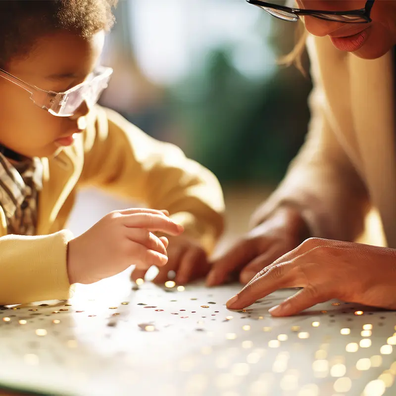 Visually impaired kid in a braille-friendly, inclusive classroom, guided by a supportive preschool teacher.
